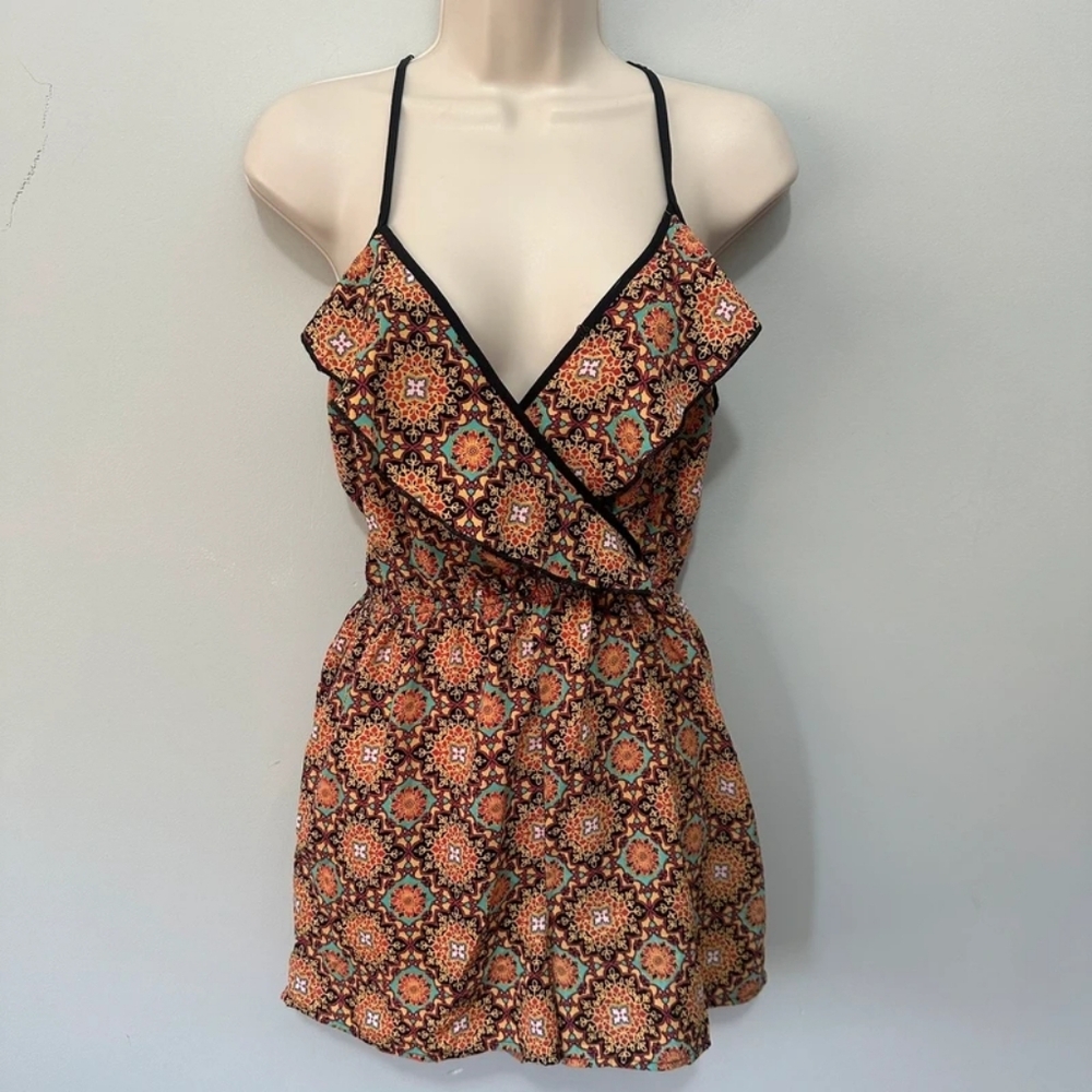 Printed Spaghetti Strap Romper in Orange Multi